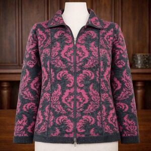 Mayser Icelandic Wms Wool Blend Zip Cardigan Sweater Burgundy Black Damask Vtg